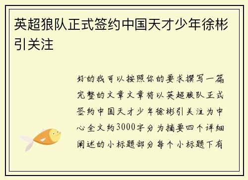 英超狼队正式签约中国天才少年徐彬引关注 英超狼队正式签约中国天才少年徐彬引关注